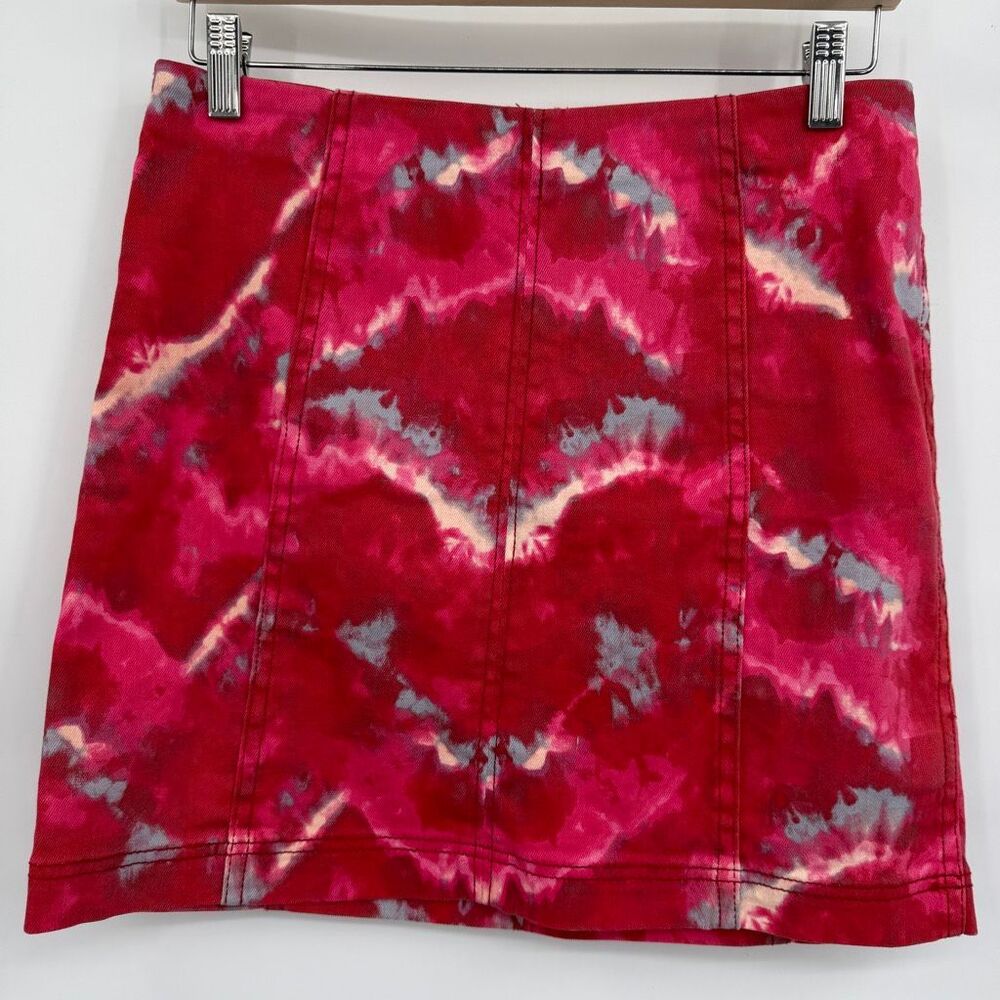 Free People Tie Dye Denim Mini Skirt Pink Red Boho Festival Y2K Size 10